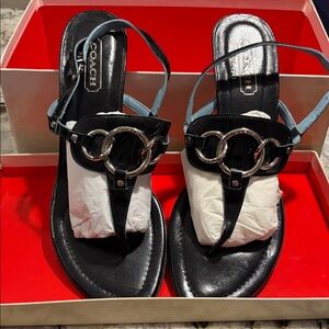 Vintage Coach Black Patent Leather T-Strap Sandals with Silver Rings